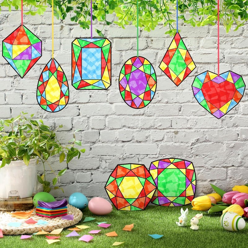 Eersida 32 Pcs Jewel Suncatchers Paper Craft Set DIY Diamond Shaped Stained Glass Effect Tissue Paper Kits Bulk for Window Activities Art Party Decorations Favors Gift - Image 2
